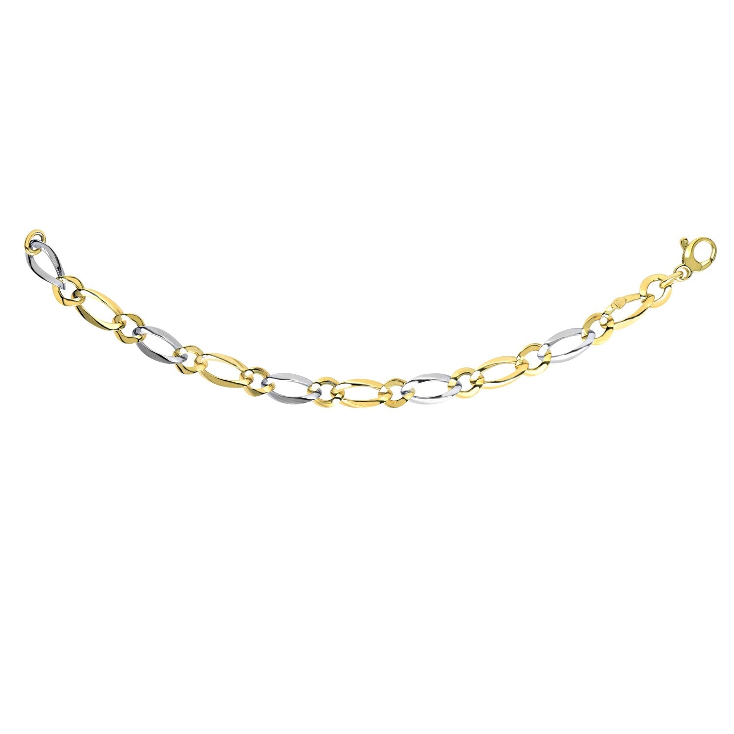 A two-tone gold bracelet with interlaced smooth and textured oval links.
