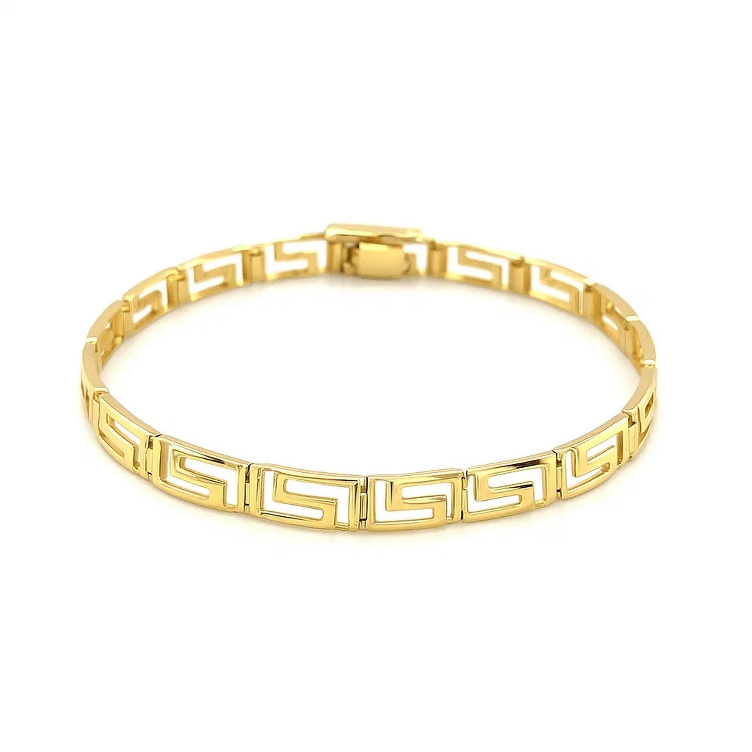 14k yellow gold bracelet with a Greek key motif and a box clasp.