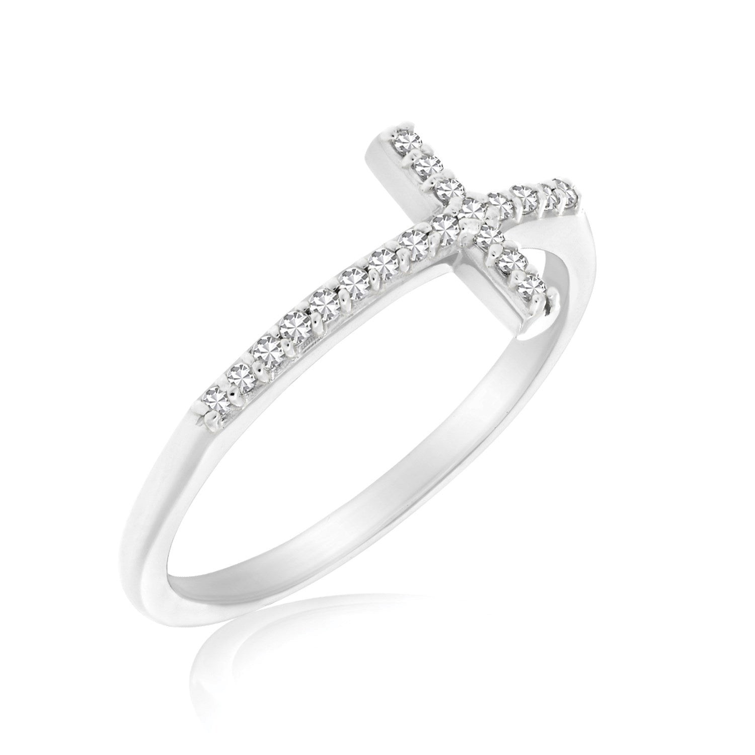 14k white gold cross motif ring with diamond accents.