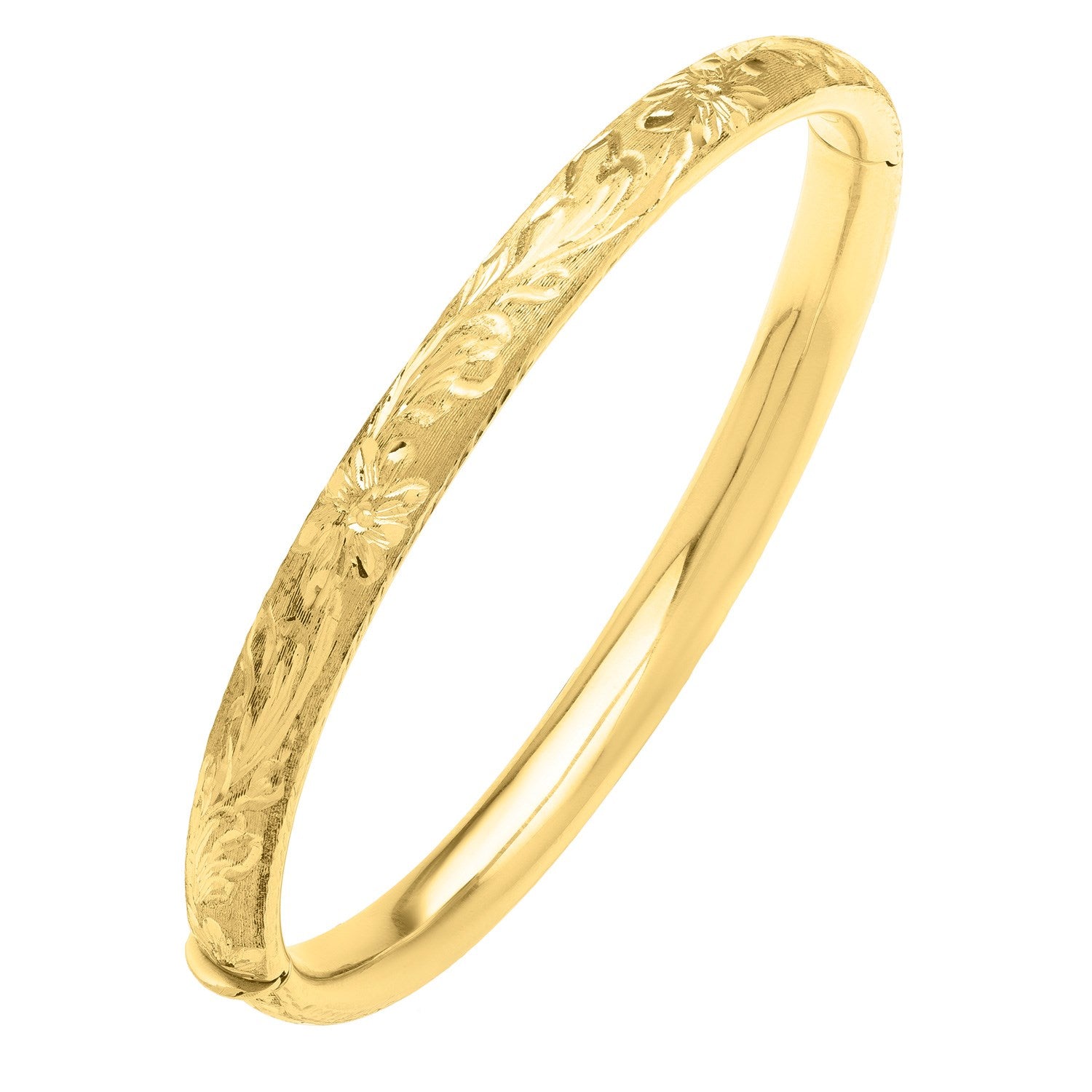 Engraved 14K yellow gold bangle with floral and leaf motifs.