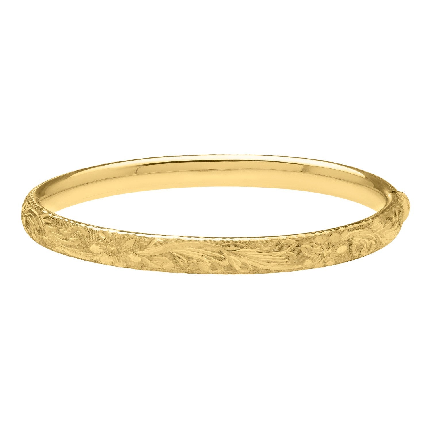 Engraved 14K yellow gold bangle with floral and leaf motifs.