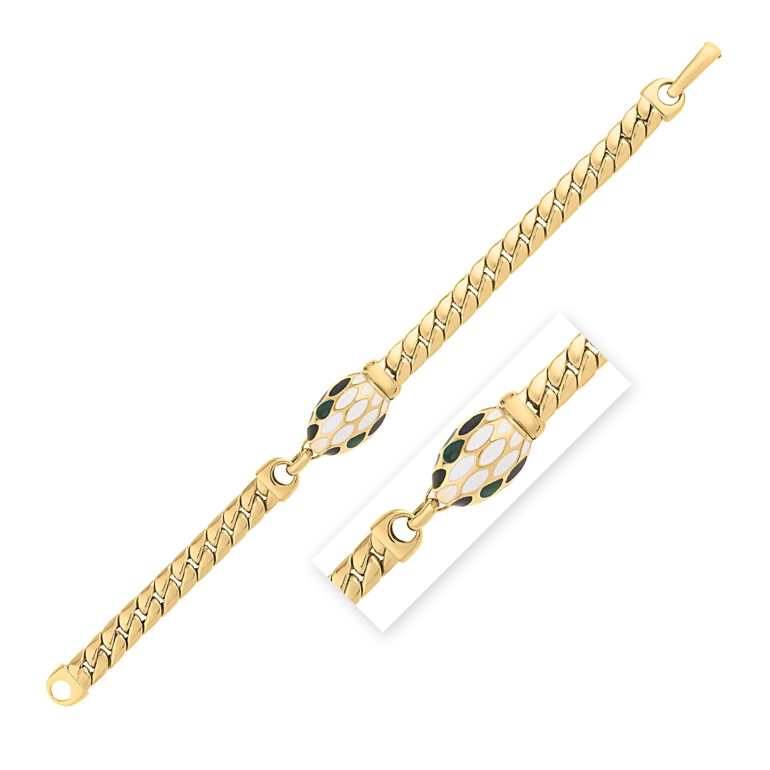 A 14K yellow gold curb link bracelet with a white, black, and green enamel serpent head.