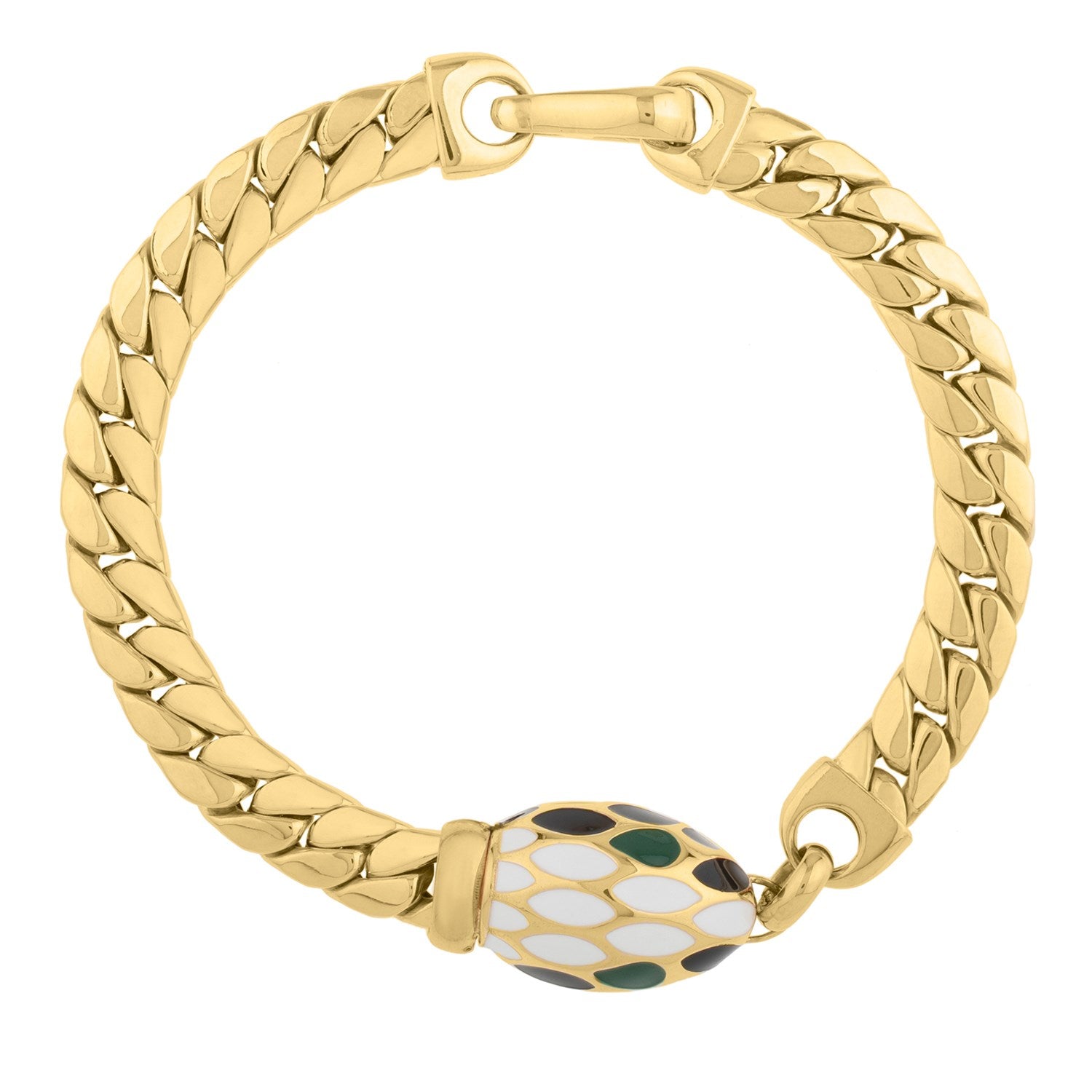 14K yellow gold curb link bracelet with a white, black, and green enamel serpent head.