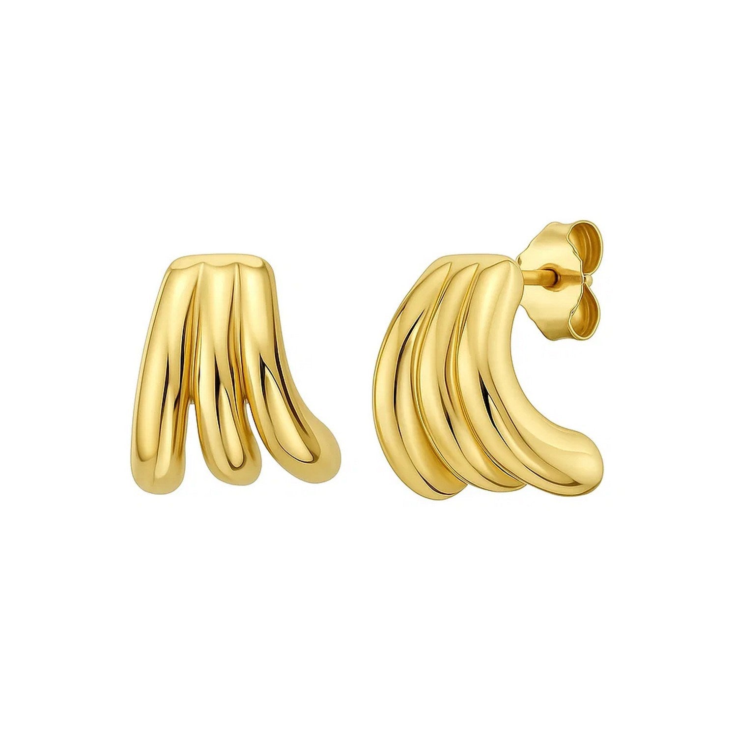 14K yellow gold triple row splayed hoop earrings with a polished finish and push back clasp.