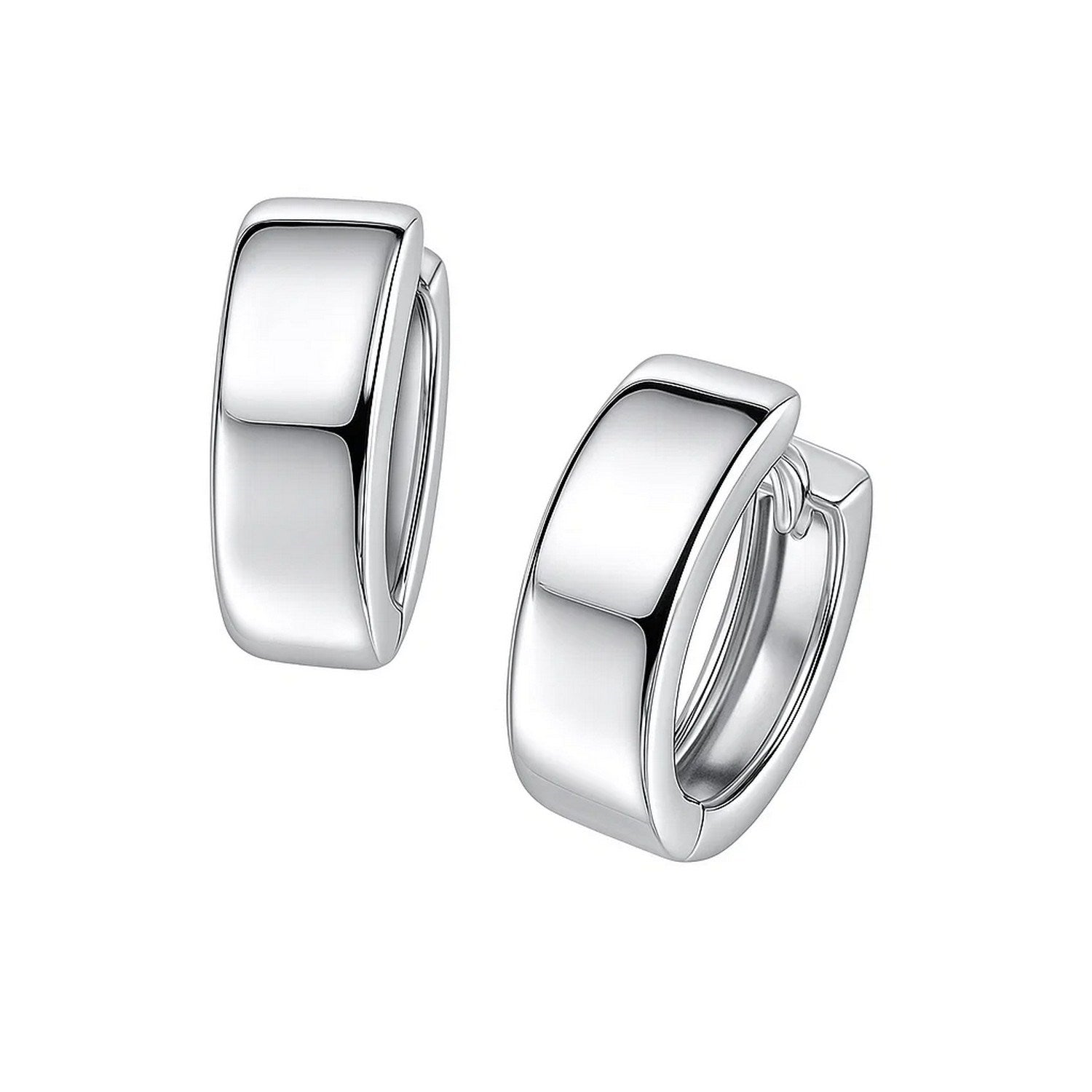 A pair of polished 14k white gold snuggable hoop earrings with snap backs.