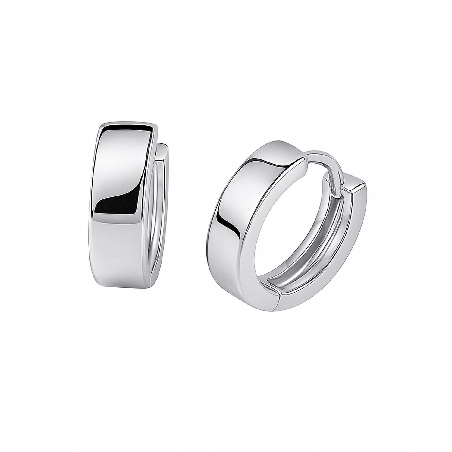 Pair of 14k white gold snuggable hoop earrings with a polished finish.