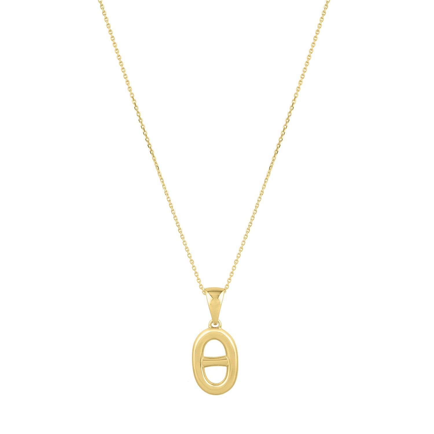Polished 14K yellow gold puff mariner link necklace on a white background.