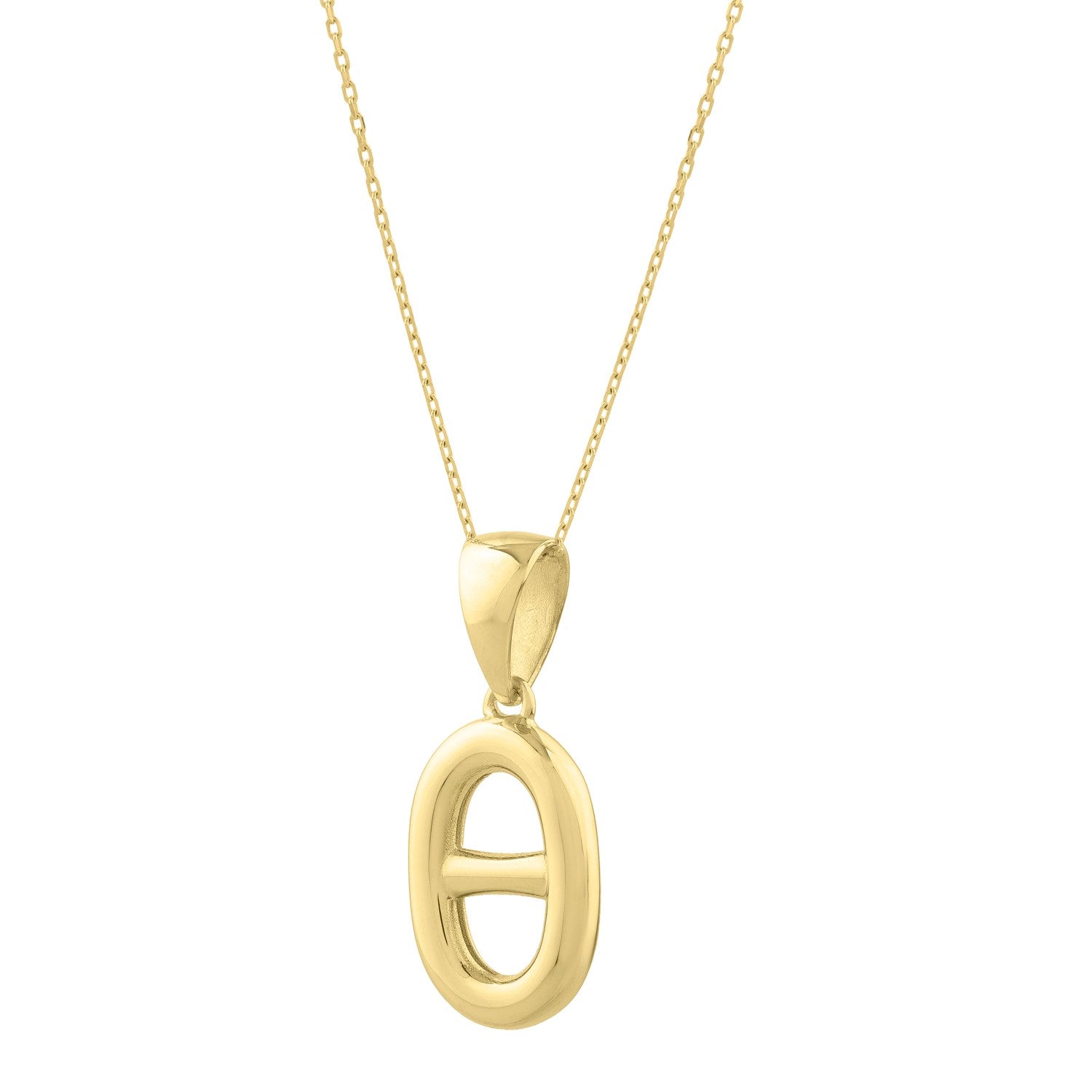 Polished 14K yellow gold puff mariner link necklace on a delicate chain.