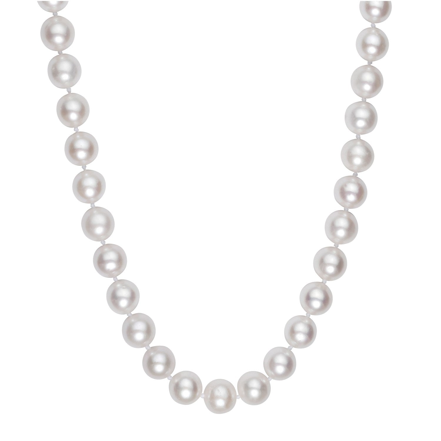 A white pearl necklace with a visible string, forming a U-shape against a white background.