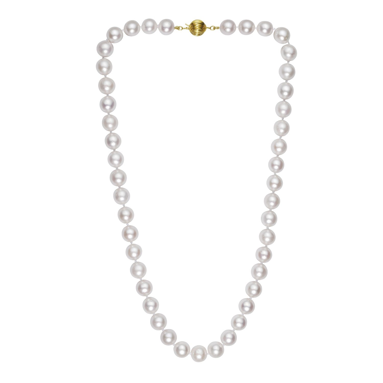 Pearl necklace with a 14K yellow gold ball clasp.