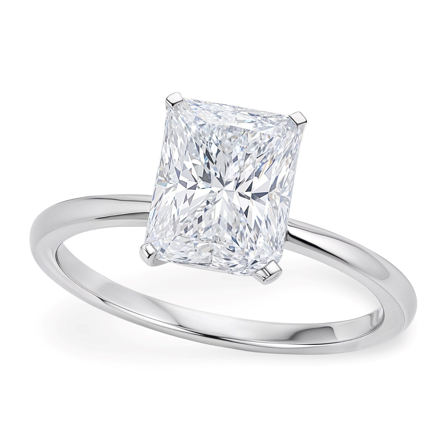 A radiant-cut lab-grown diamond solitaire ring in 14K white gold.