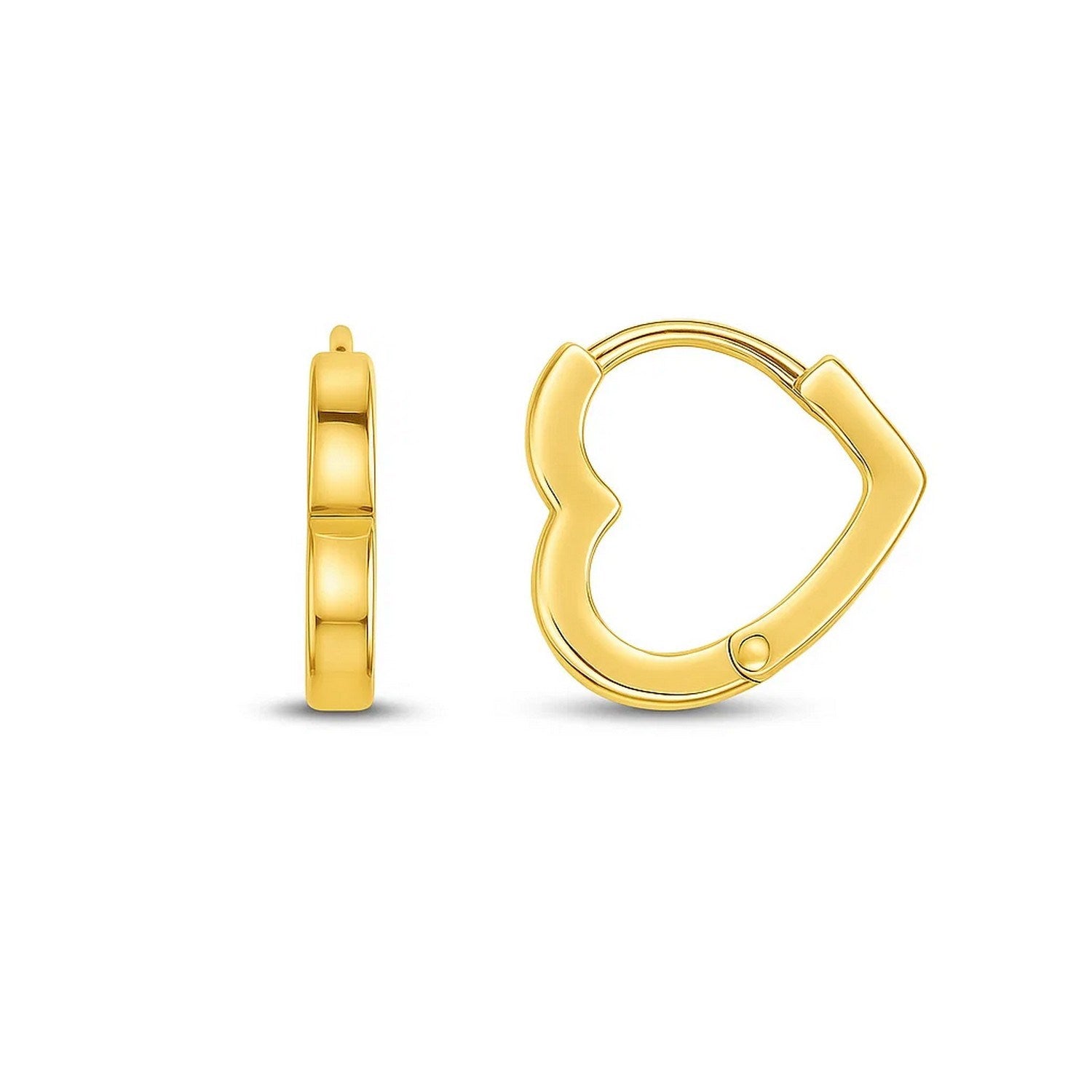 14k yellow gold heart-shaped huggie hoop earrings with a snap closure.