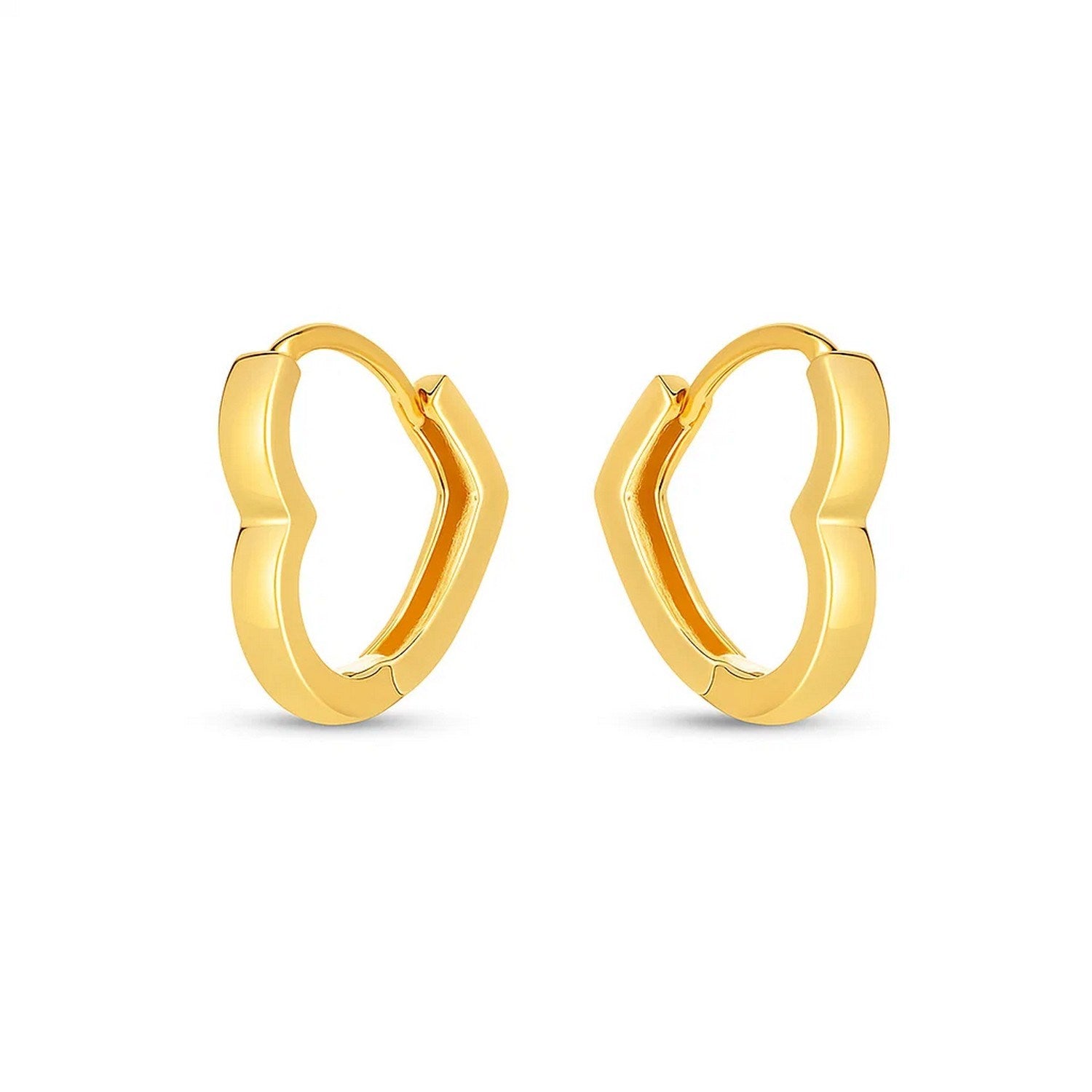Pair of 14k yellow gold heart-shaped huggie hoop earrings with a high polish finish.