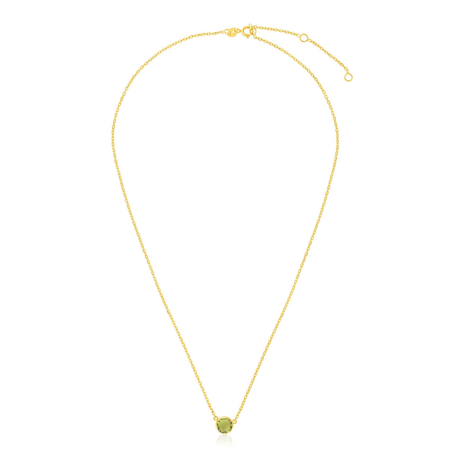 14k yellow gold 17-inch necklace with a round peridot in a bezel setting.