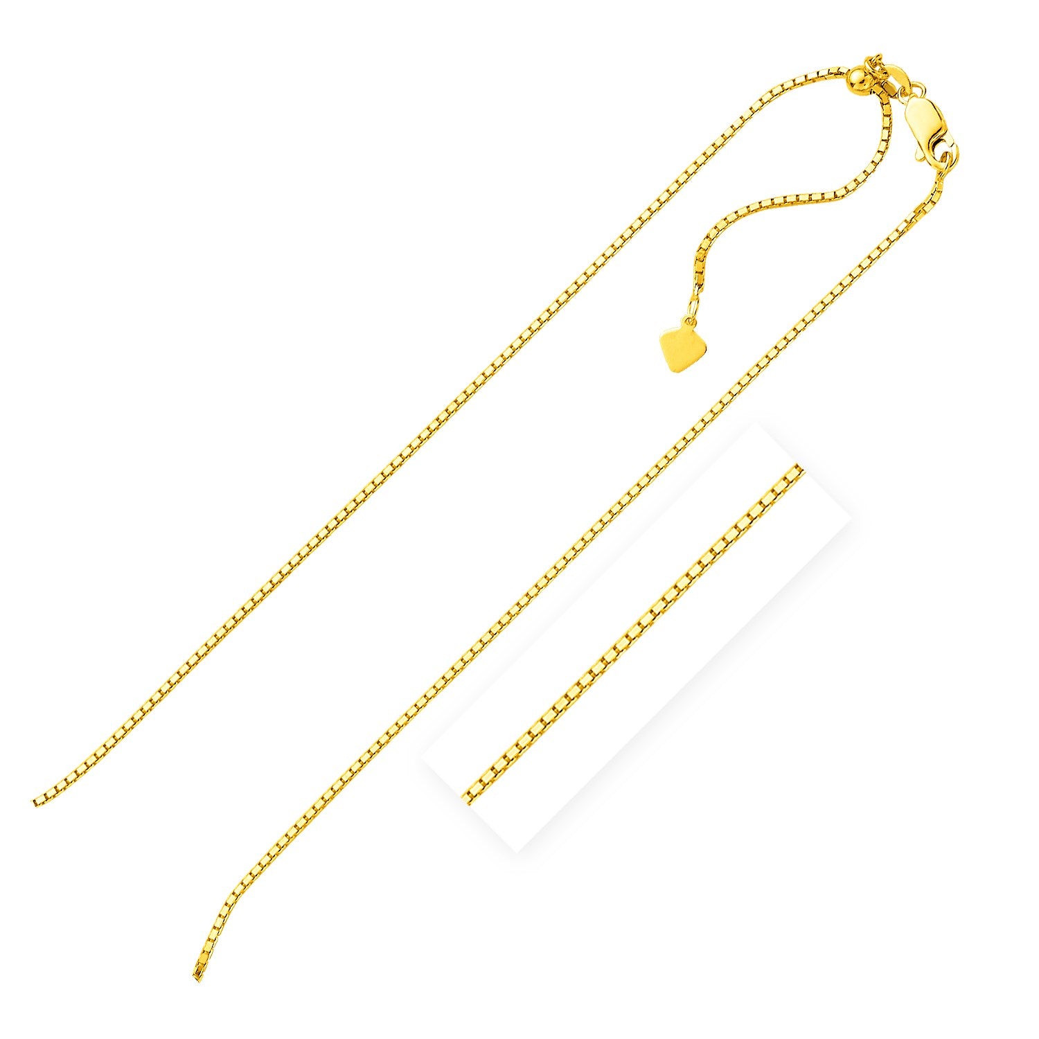 Sterling silver yellow finish adjustable box chain with a heart dangle and lobster clasp.