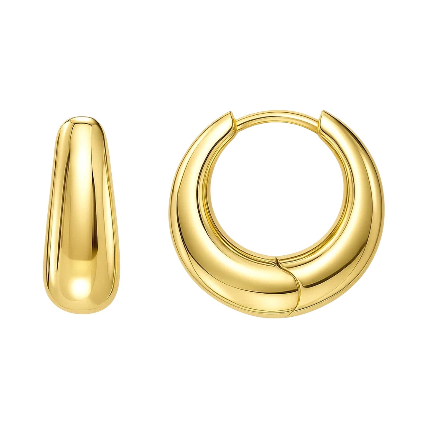 Tapered huggie hoop earrings in 14K yellow gold with a snap clasp.