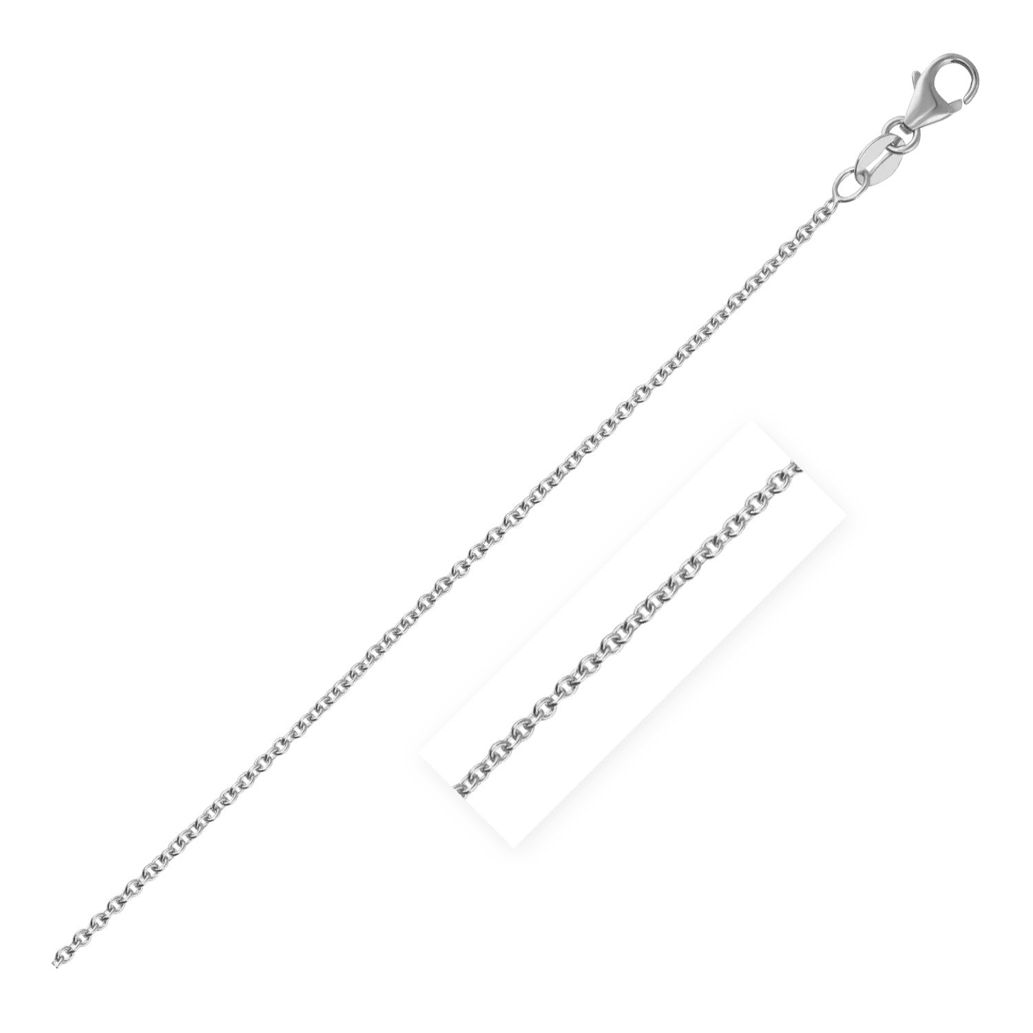14k white gold round cable link chain with a lobster clasp.