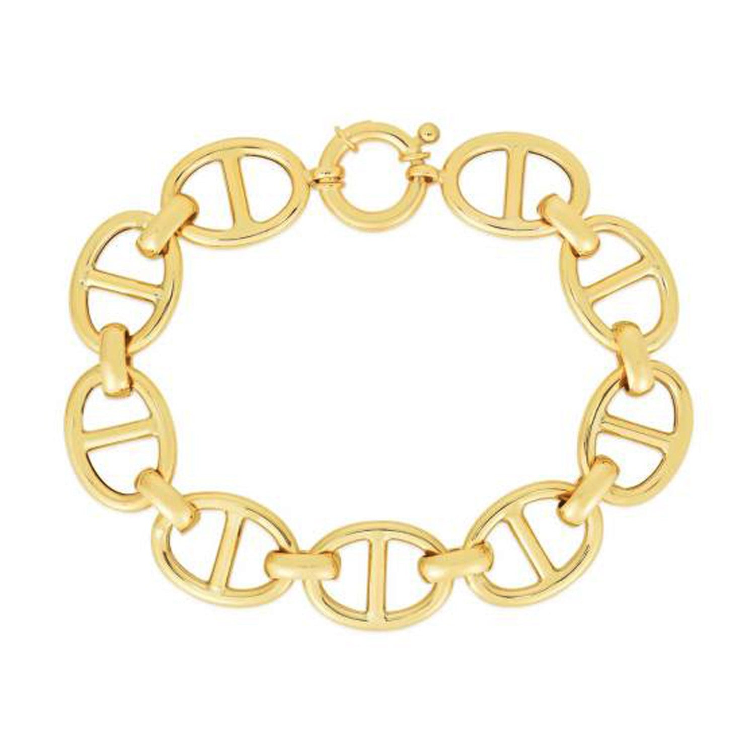 14k yellow gold high polish mariner link bracelet with a spring clasp.