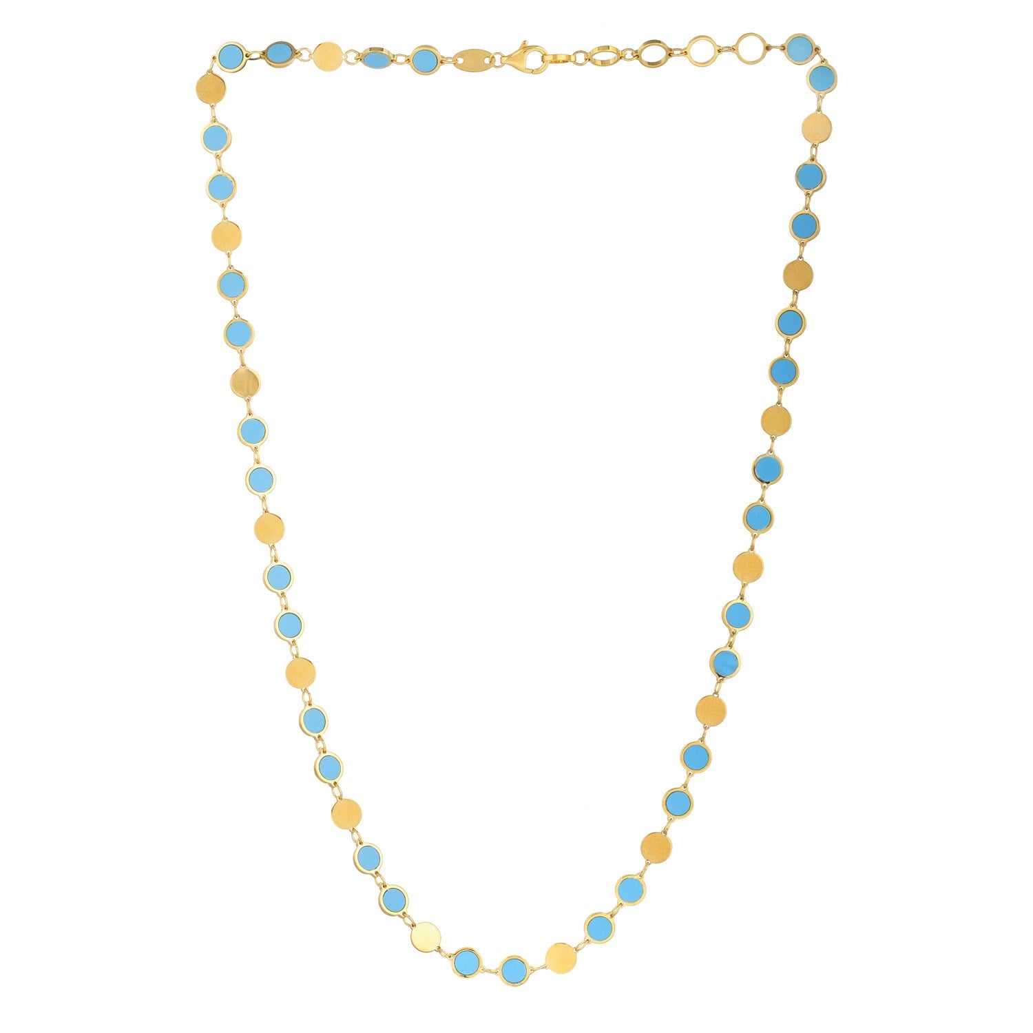 A 14K yellow gold necklace with alternating gold and turquoise composite discs.