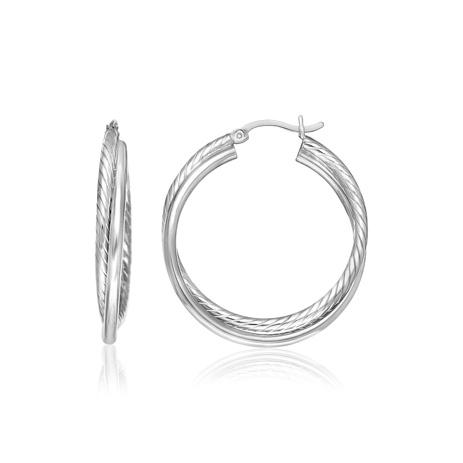 Sterling silver ridged hoop earrings with a textured and smooth entwined design.