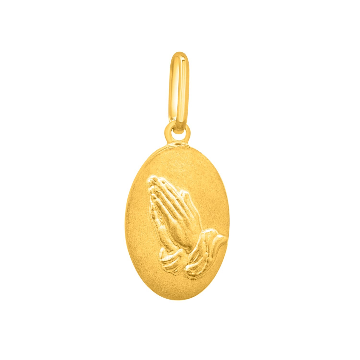 14K yellow gold oval religious pendant with praying hands.
