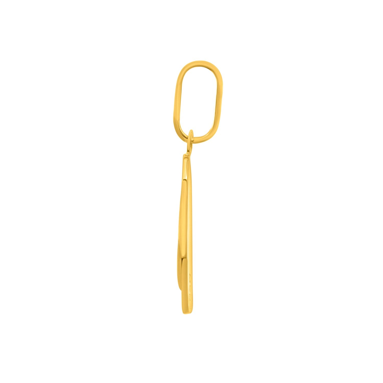 14K yellow gold religious pendant with praying hands, viewed from the side.