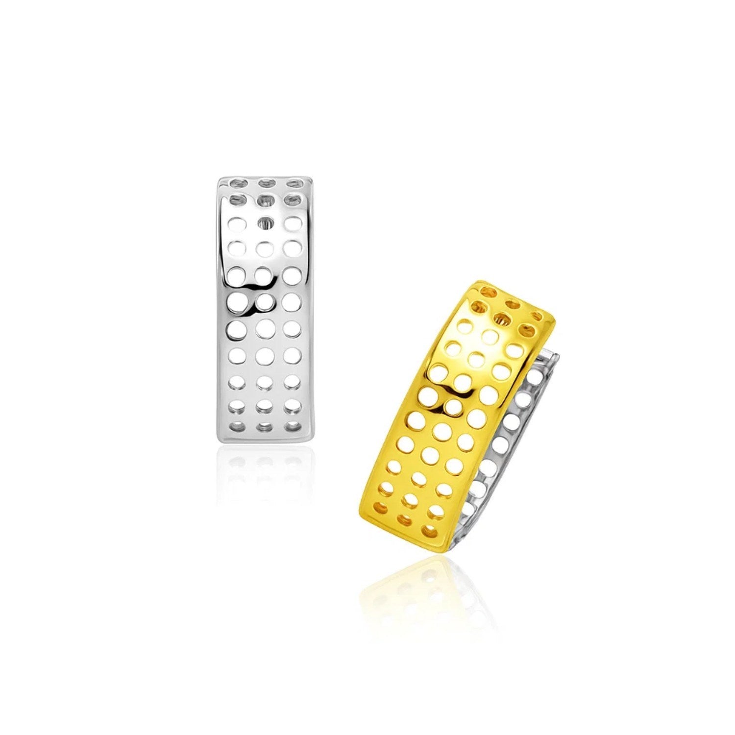 Two-tone gold snuggable earrings with a mesh style.