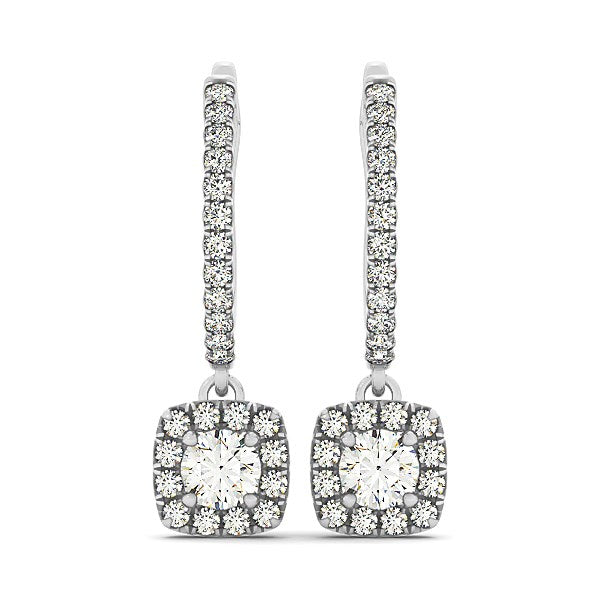 Cushion shape halo diamond drop earrings in 14k white gold.