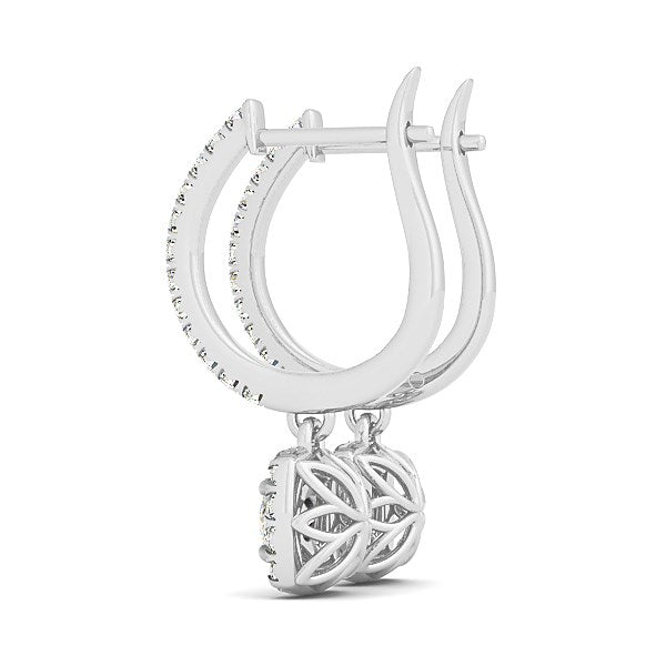 White gold cushion halo diamond drop earrings with hinged snap backs.
