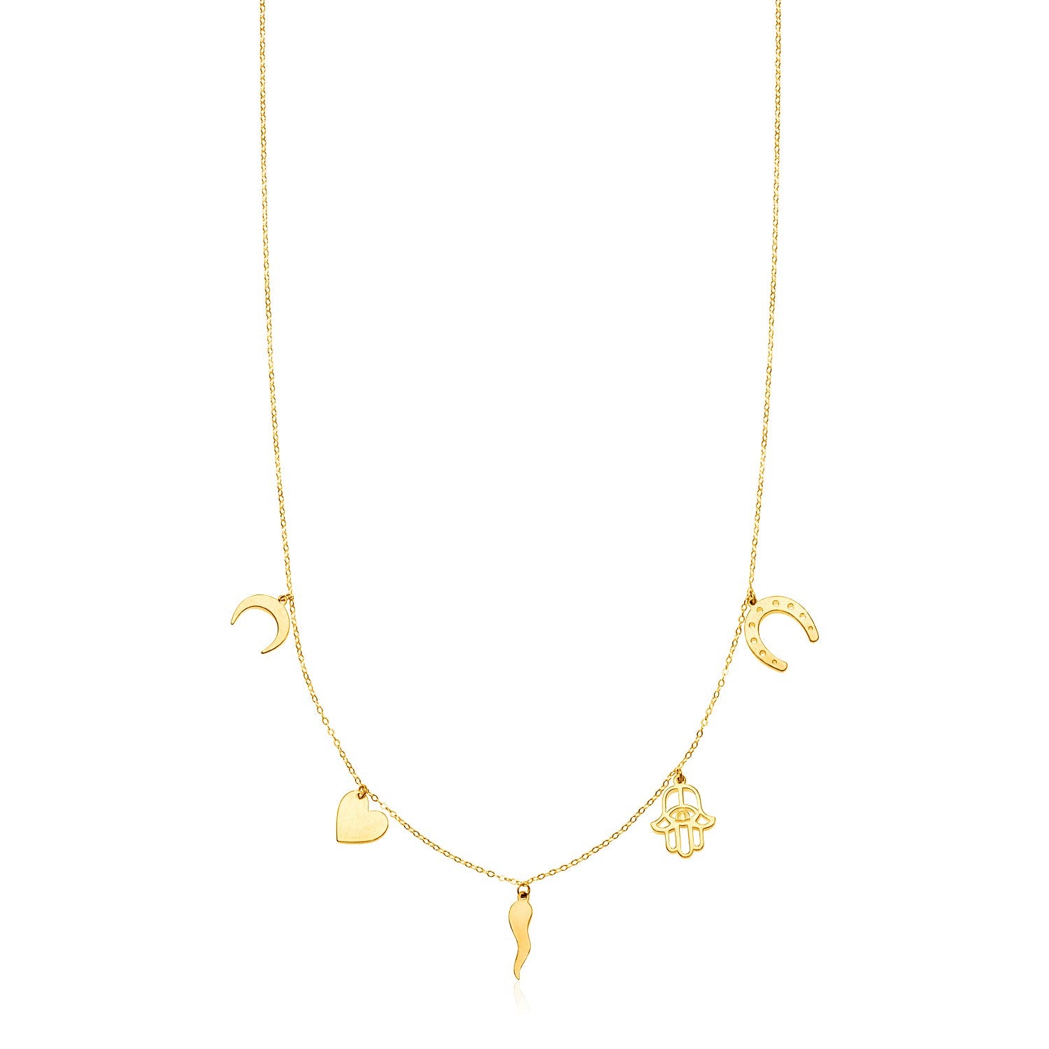 14K yellow gold necklace with polished charms including a moon, heart, horn, hamsa, and horseshoe.