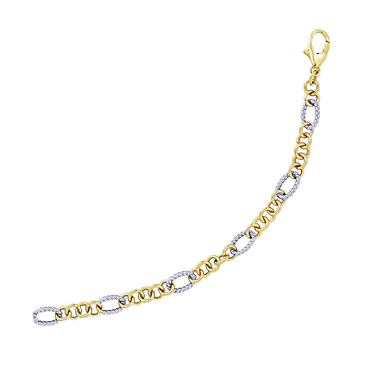 14k two-tone gold bracelet with rope motif oval and round links and a lobster clasp.