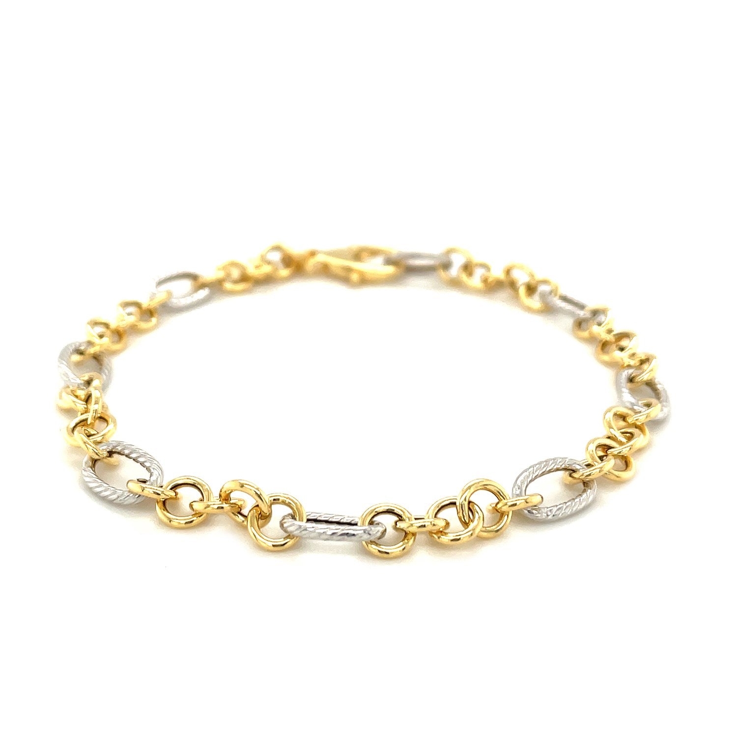 14k two-tone gold bracelet with alternating rope motif oval and round links.