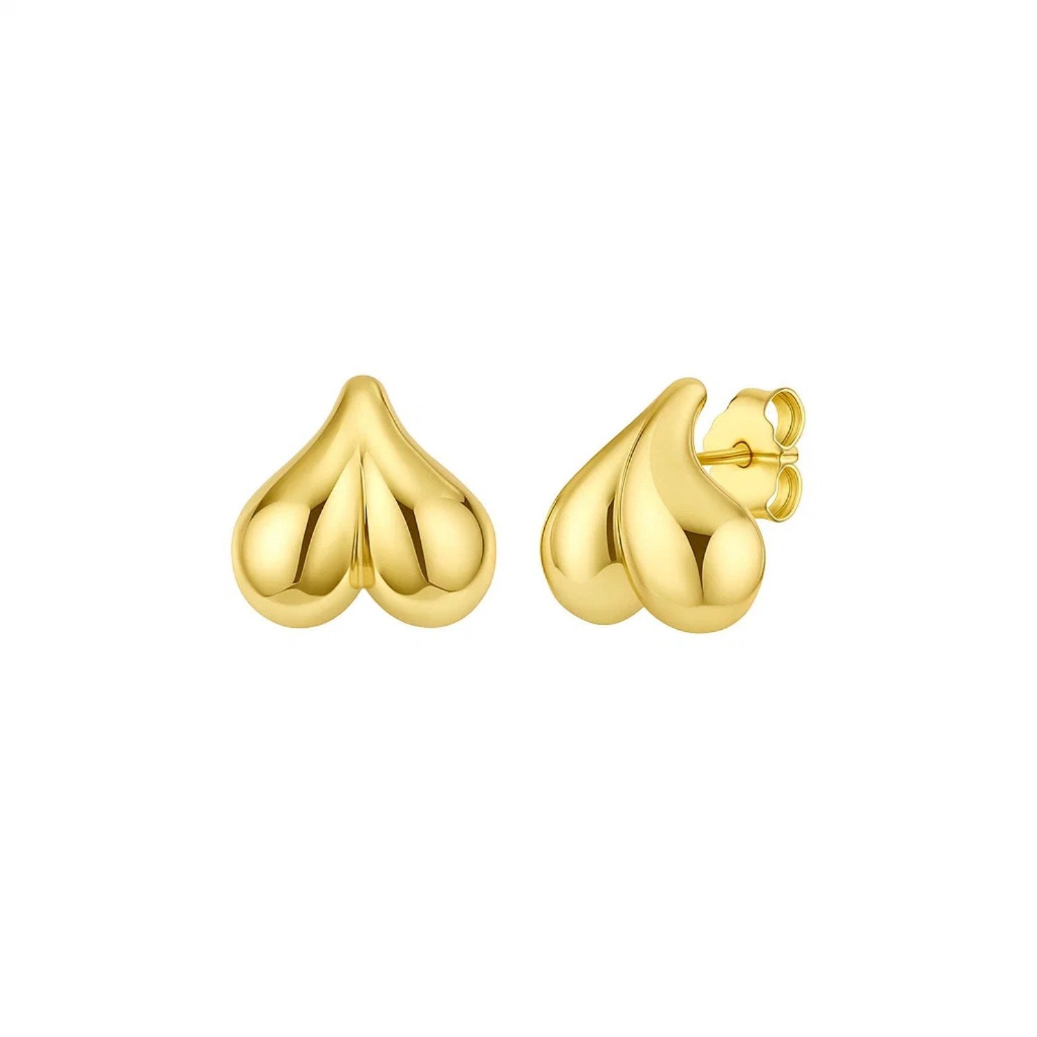 14K yellow gold puffed bubble heart stud earrings with push-back clasps.