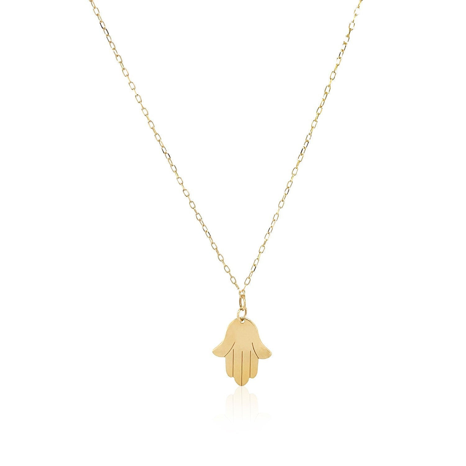 14K yellow gold Hand of Hamsa necklace with a delicate link chain.