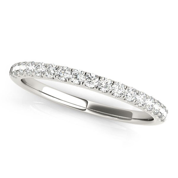 14k white gold wedding band with 17 round, prong-set diamonds.