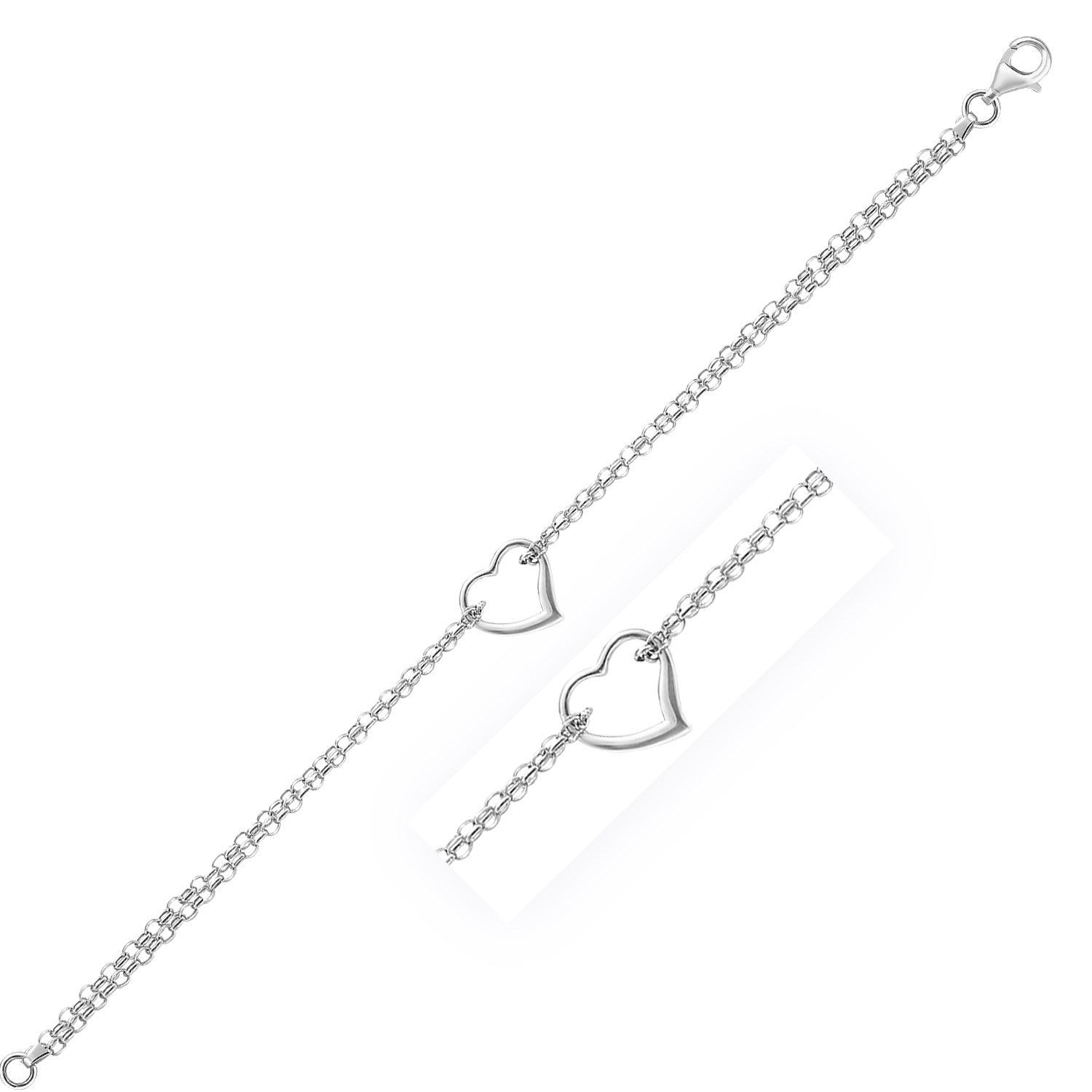 14k white gold double cable chain anklet with an open heart station.