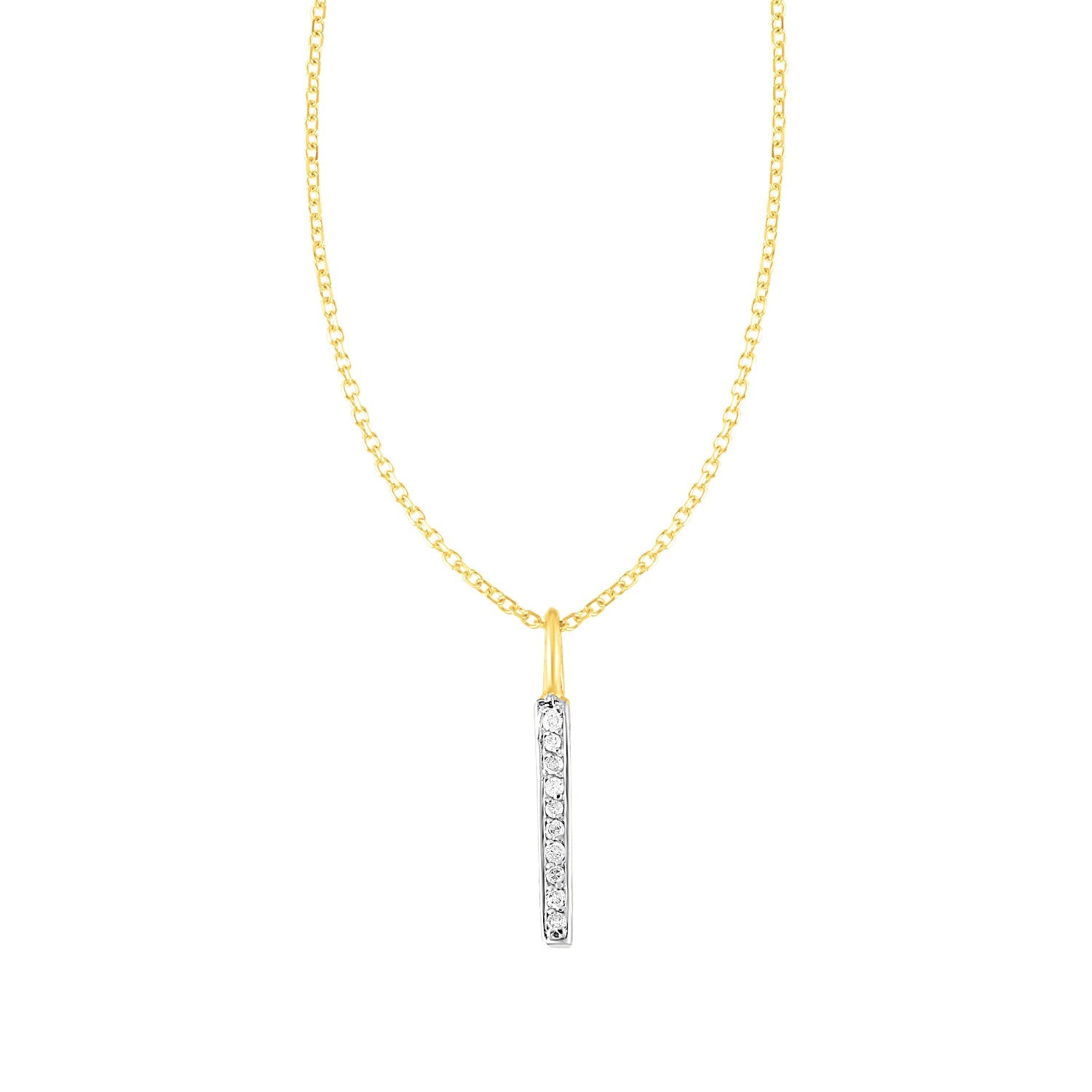 14k yellow gold bar pendant with prong-set round diamonds on a link chain.