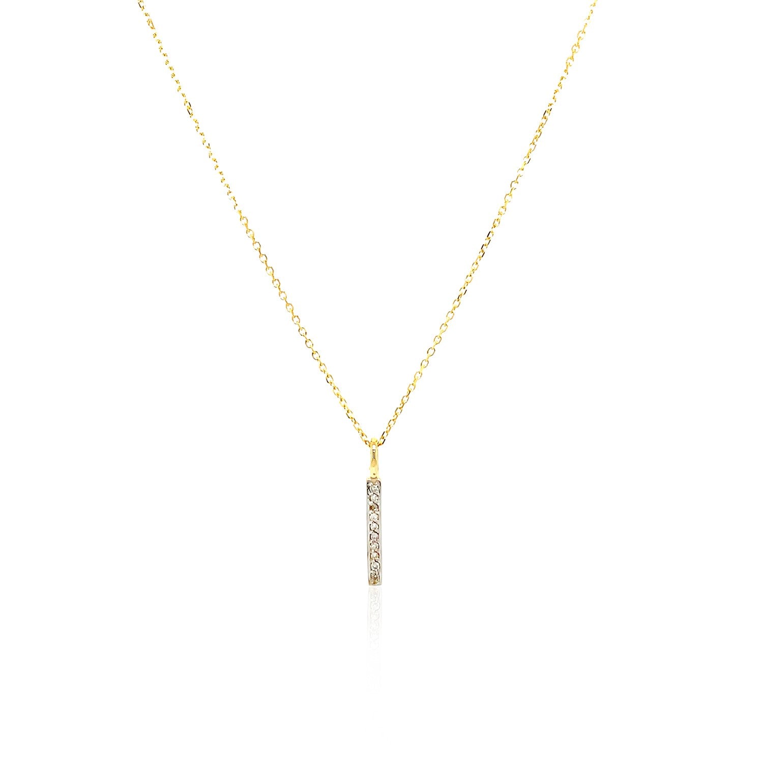 14k yellow gold link chain necklace with a diamond bar pendant.