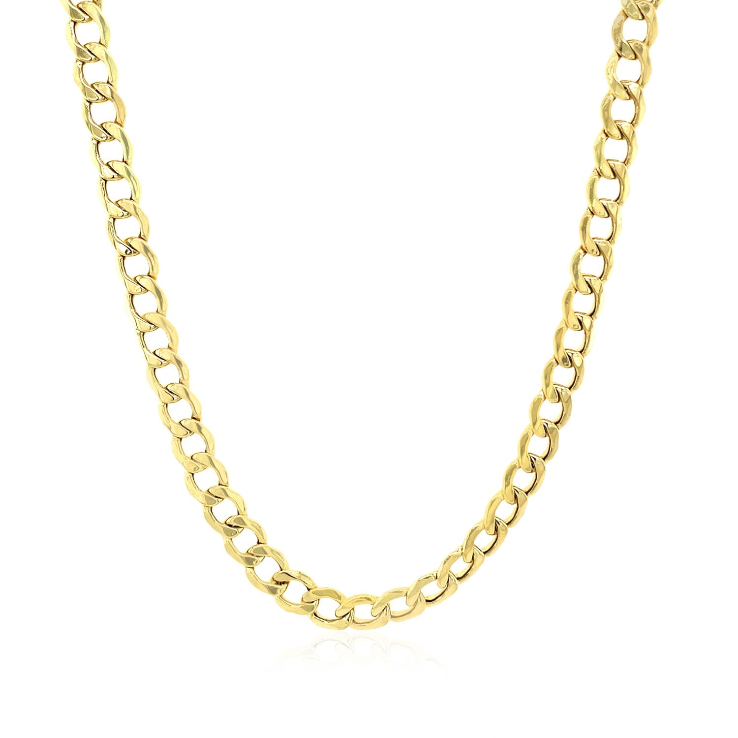 A 10k yellow gold curb chain, 4.40 mm wide, hangs in a U-shape.