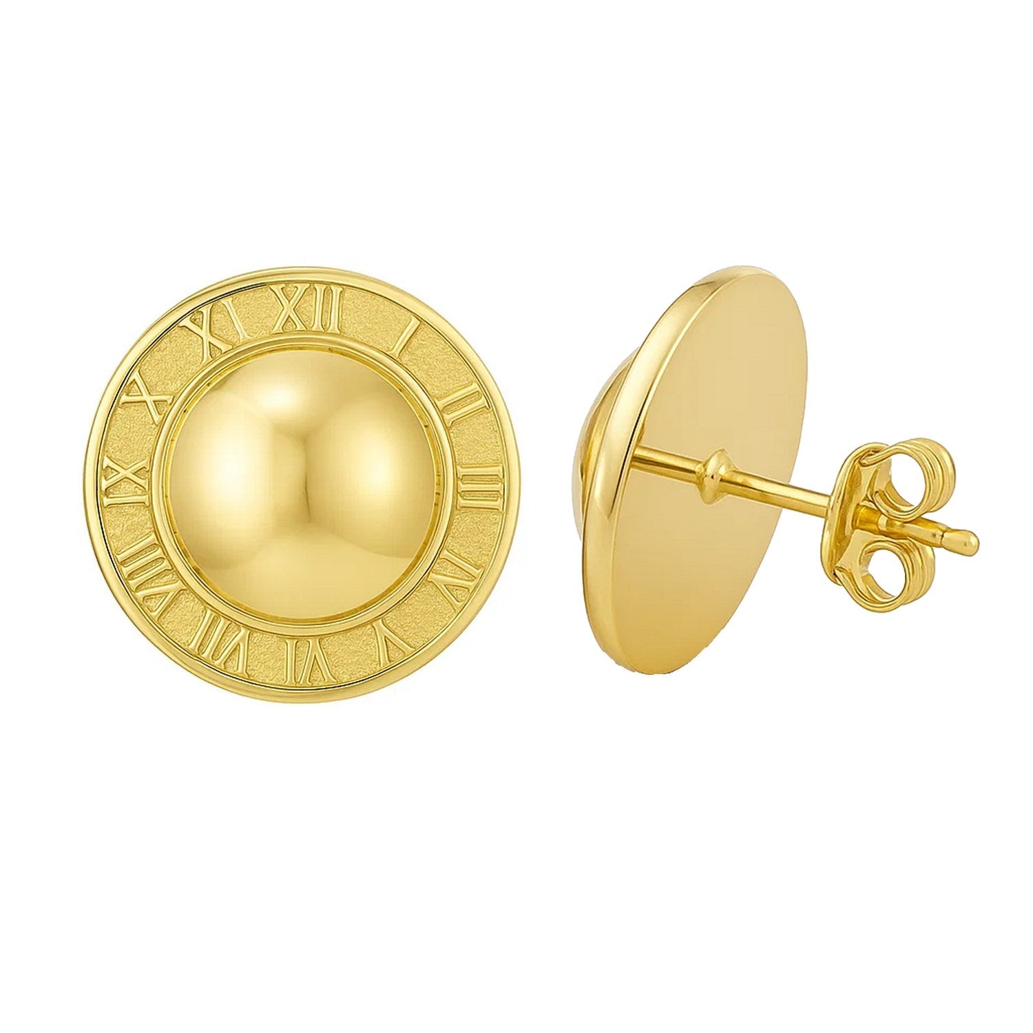 14K yellow gold Roman numeral button stud earrings with a push back closure.