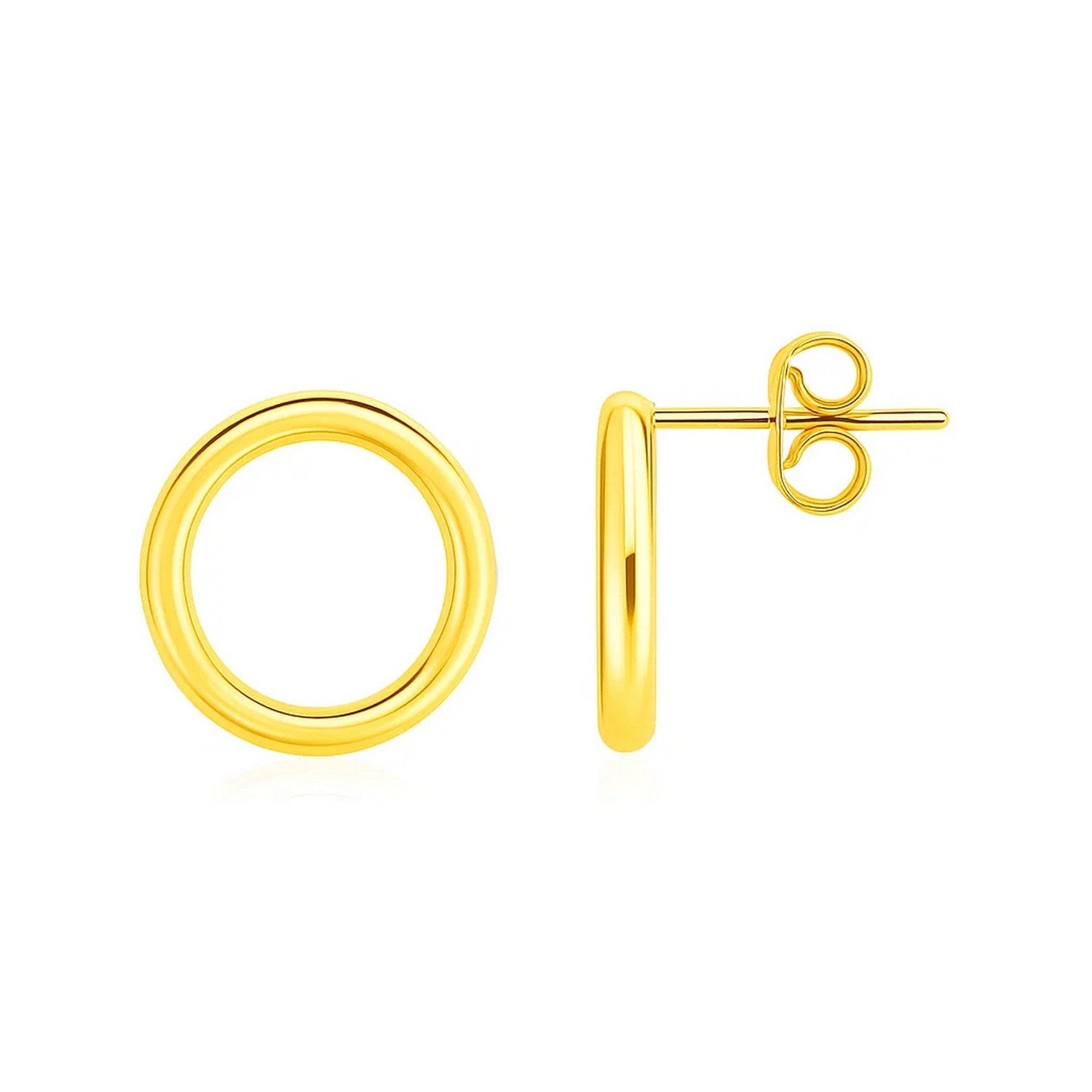 14k yellow gold open circle post earrings with pushback clasps.