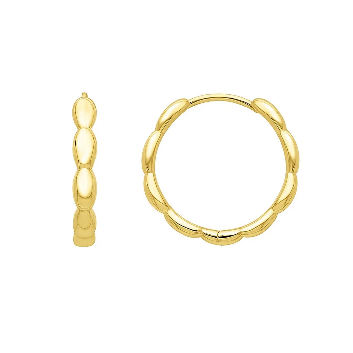 Medium 14K yellow gold hoop earrings with rice-shaped embellishments.