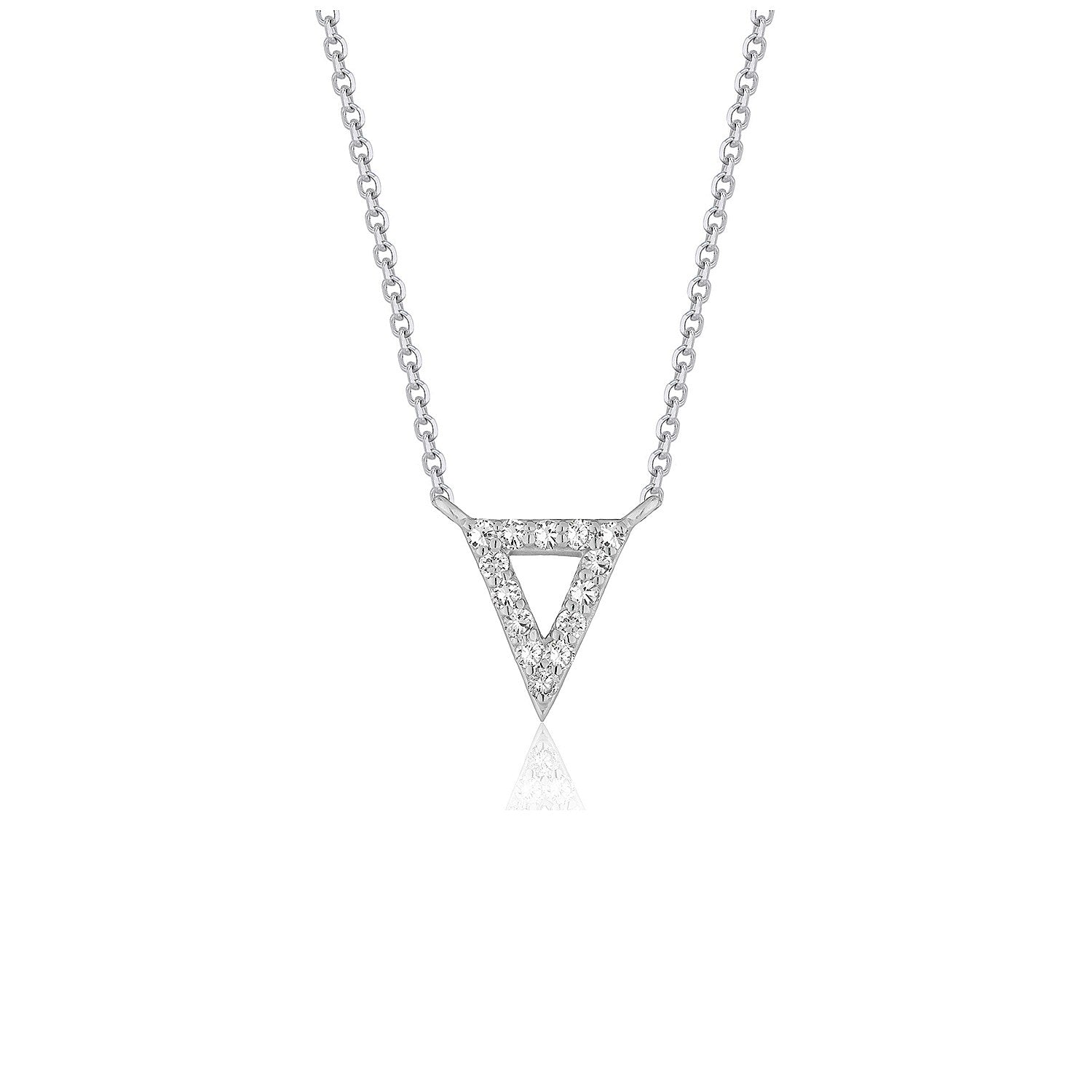Diamond inverted triangle pendant in 14k white gold on a cable chain.