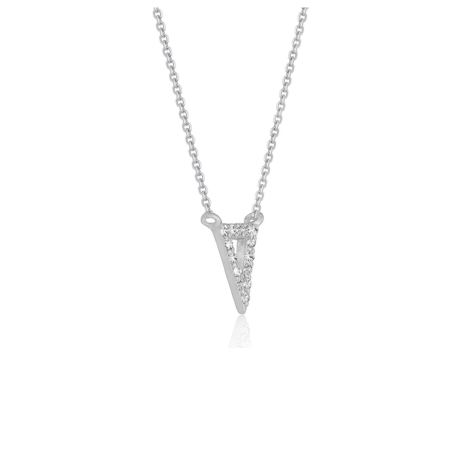 A white gold cable chain necklace with an inverted triangle diamond pendant.