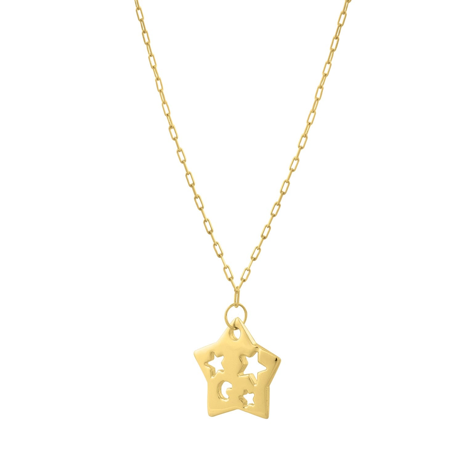 14K yellow gold cutout star necklace with a paperclip link chain.