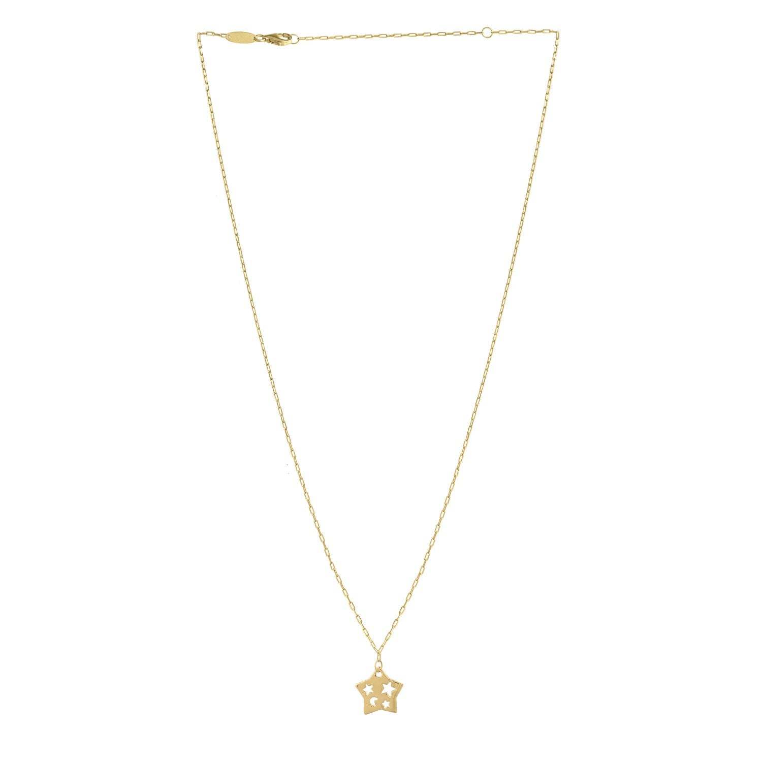 A 14K yellow gold necklace with a cutout star pendant on a paperclip chain.