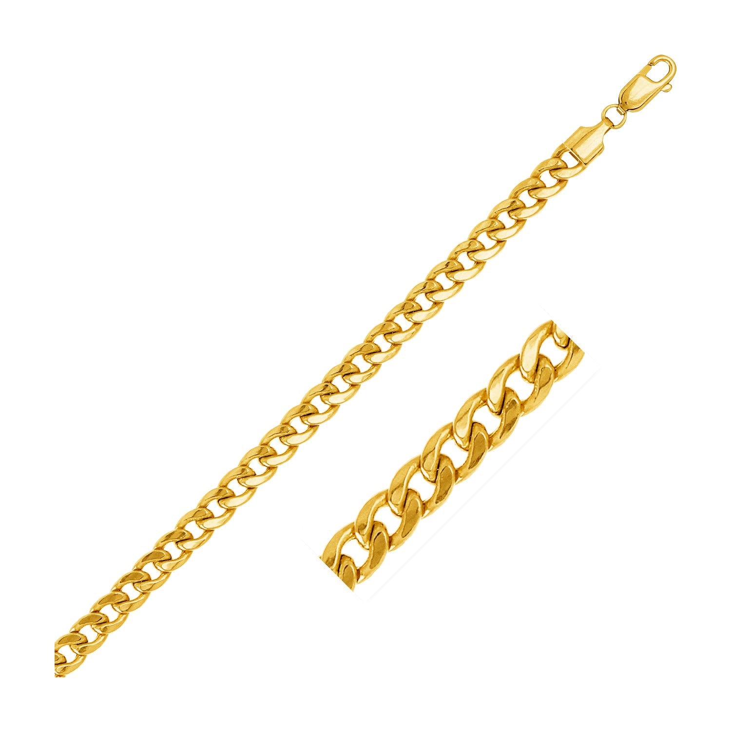 14k yellow gold Miami Cuban semi-solid chain with a lobster clasp.