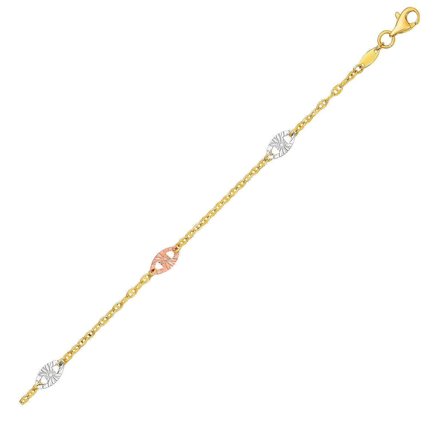 14k three-toned gold anklet with textured ovals and a lobster clasp.