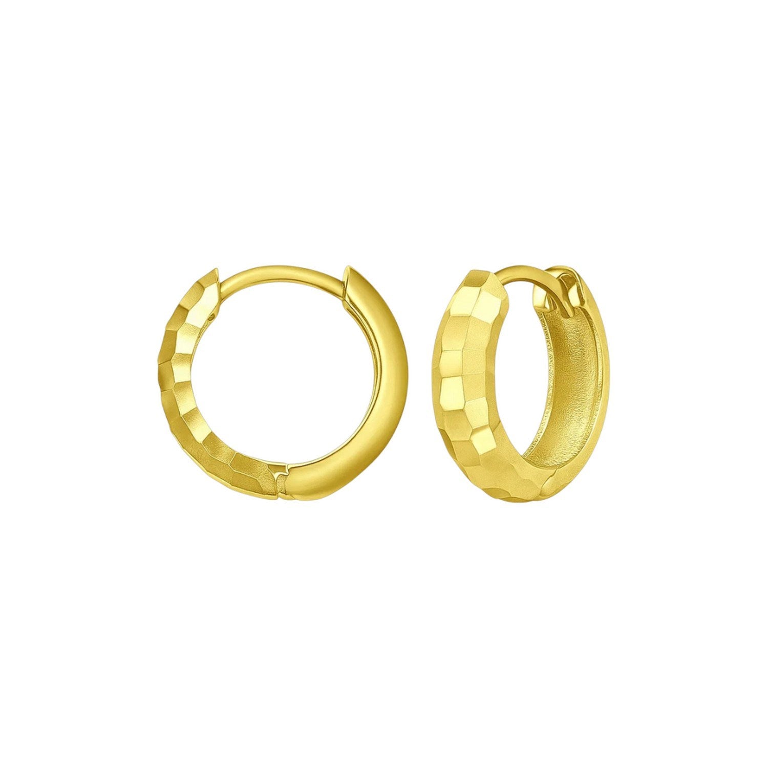 14K yellow gold checkerboard huggie hoop earrings.