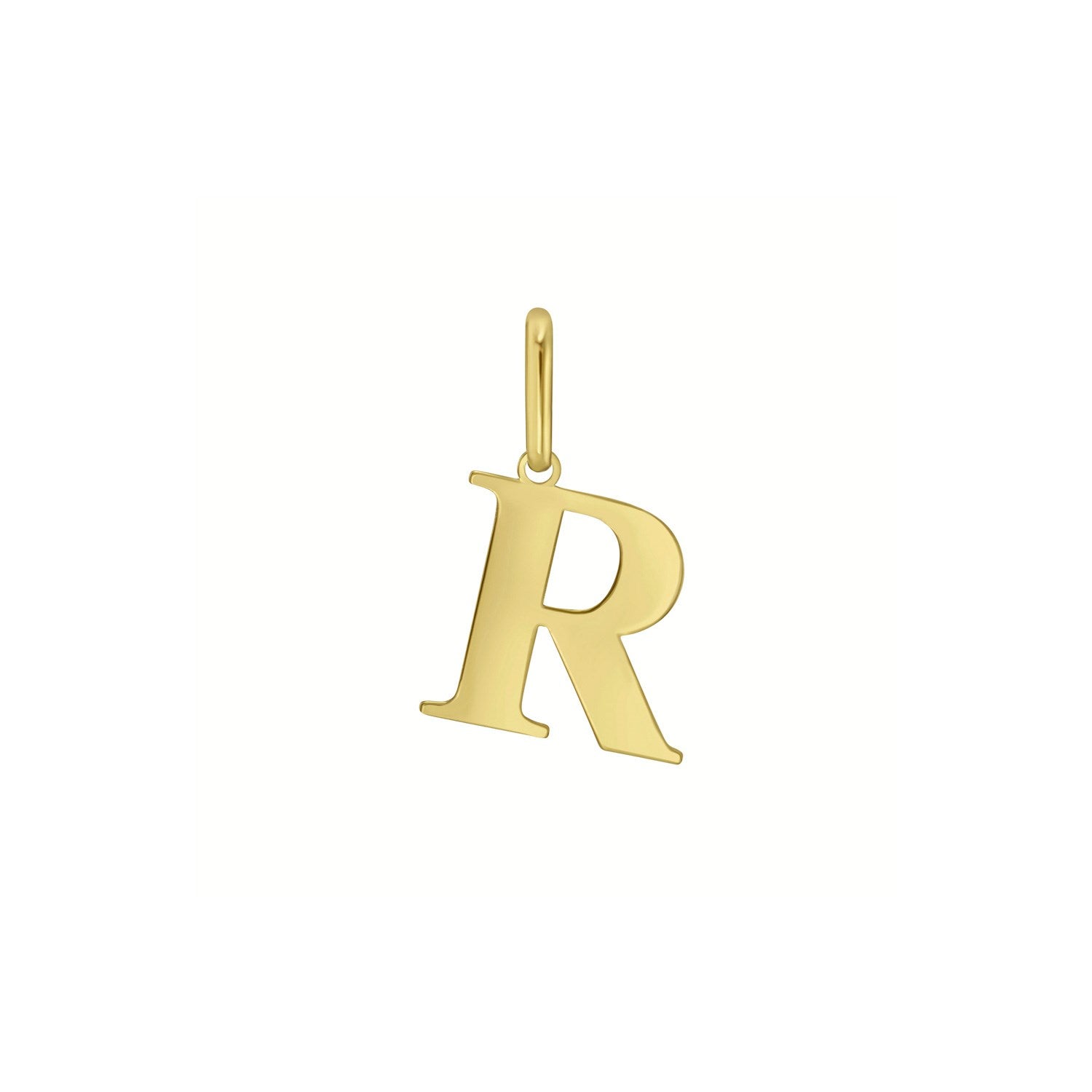 14K yellow gold initial R charm pendant with a polished finish.